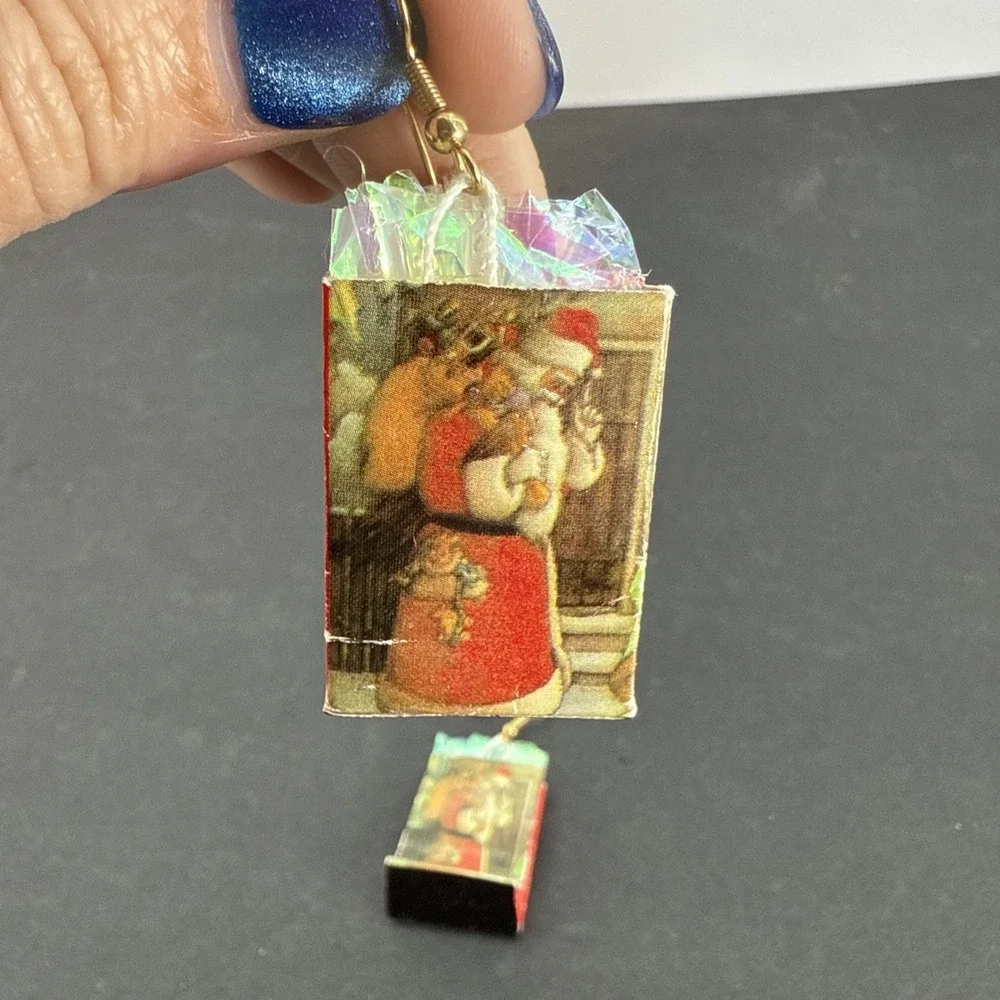 Vintage Christmas Santa Clause Gift Bag Dangle Pierced Earrings